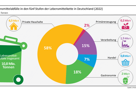 Ca. 58 % der Lebensmittelabfälle aus Deutschland entstehen in privaten Haushalten. Danach folgen Gastronomie mit 18%, Verarbeitung mit 15 %, Handel mit 7% und schließlich die Landwirtschaft mit ca. 2%.