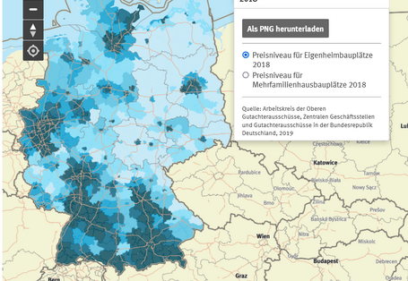 Karte Preisniveau für Eigenheimbauplätze