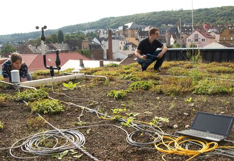 2 Studierende sind auf einem Gründdach, auf dem Messgeräte und ein Laptop stehen. Im Hintergrund ist eine Stadt zu sehen