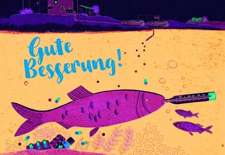 ein Fisch schwimmt im Wasser, im Maul hat er ein Fieberthermometer. Unten am Meeresboden liegt Arzeneimüll