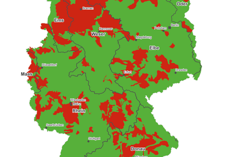Abbildung 2: Grundwasserkörper die wegen Nitrat in einem schlechten chemischen Zustand sind