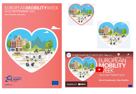 Ein herzförmiger Ausschnitt einer illustrierten Stadt, in der die EMW-Maskottchen nachhaltig unterwegs sind. Es handelt sich um das neue Design zur EMW 2021.