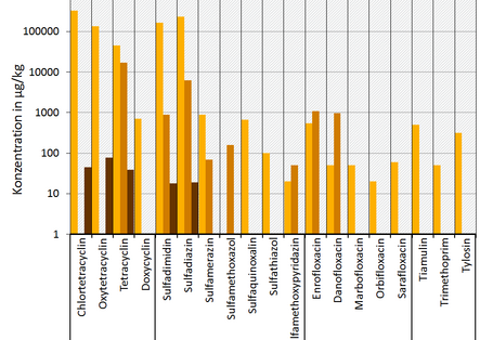 Die Abbildung zeigt gemessene Antibiotikarückstände in Gülle, Gärresten und Bö-den aus den Antibiotikagruppen Tetrazykline, Sulfonamide, Fluorchinolone und anderen. Die Angaben für Gülle (Schwein oder Geflügel), Gärreste (Mischproben mit Gülleanteil), Klärschlämmen und Boden und beziehen sich auf μg/kg Trockensubstanz. Dargestellt sind jeweils Maximalwerte der gemessenen Antibiotikakonzentrationen (https://www.umweltbundesamt.de/sites/default/files/medien/3240/publikationen/umid_02-2017_uba_antibiotika_0.pd