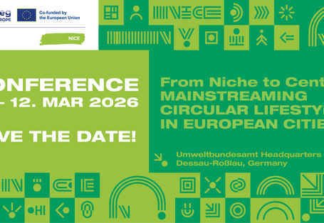 Logo der NiCE Konferenz: From niche to centre city centers as places of circular lifestyles.