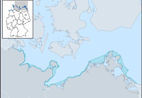 Eine Karte der Ostseeküste. Der relevante Gewässertyp ist dunkel schraffiert.