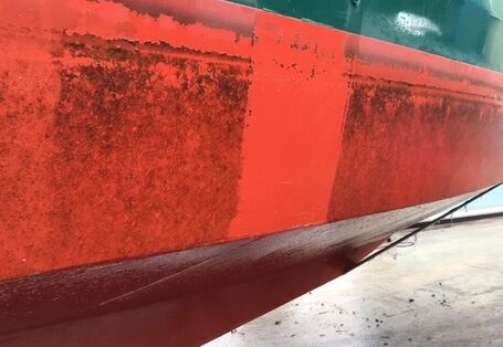 Beispiel Zingst, Biofilm direkt nach dem Kranen, zentraler Bereich mit einer Gummilippe gereinigt