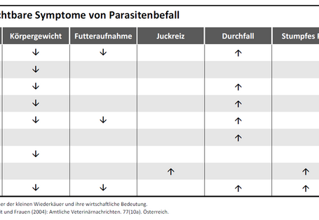 Tabellarische Übersicht typischer Anzeichen für Parasitenbefall bei Nutztieren
