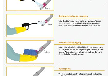 Die Infografik illustriert mit Zeichnungen die Vor- und Nachteile vier verschiedener Reinigungsmethoden für Nippteltränken in Schweinställen. Schmutz, Wärme und Feuchtigkeit in Leitungen und an Tränken bieten ideale Bedingungen für die Vermehrung von Keimen im sogenannten Biofilm. Krankheitserreger, die mit Speichel oder Nasensekret von Tieren an die Tränke gelangt sind, können dort überdauern und trotz striktem Rein-Raus-System auf neu eingestallte Tiergruppen übertragen werden. Die Endstücke der Tränkeein