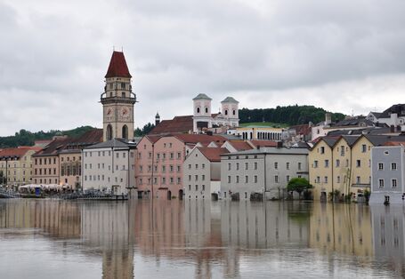 Historic city center with houses flooded