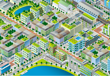 Das Bild zeigt die Graphik einer lärmarmen, grünen, kompakten und durchmischten Stadt.