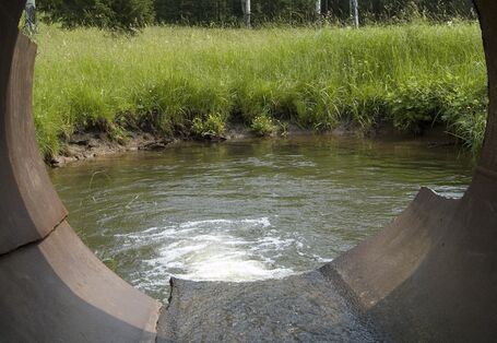 aus einem Betonrohr fließt Abwasser in ein Gewässer