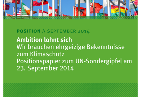 Cover des Positionspapiers "Ambition lohnt sich: Wir brauchen ehrgeizige Bekenntnisse zum Klimaschutz" mit einem Foto mit Flaggen verschiedener Nationen, unten das Logo des Umweltbundesamtes