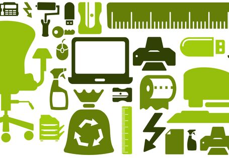 grüne Piktogramme von Gegenständen wie Monitor, Bürostuhl, Toilettenpapier