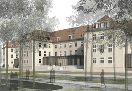 Computersimulation des Altbaus mit drei normalen Stockwerken und einem ausgebauten Dachgeschoss mit Gaubenfenstern.