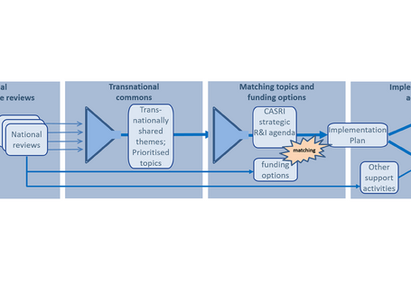 The image shows a flowchart representing a structured process for implementing research and innovation collaborations and funding actions.