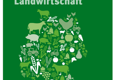 Cover der Broschüre "Daten zur Umwelt, Ausgabe 2018, Umwelt und Landwirtschaft" des Umweltbundesamtes mit Piktogrammen von Nutztieren und anderen landwirtschaftlichen Symbolen, die zusammen den Umriss von Deutschland bilden