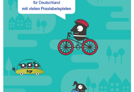 Titelseite der Broschüre "Europäische Mobilitätswoche: Leitfaden für Deutschland mit vielen Praxisbeispielen" mit Comicfiguren, die zu Fuß, mit dem Fahhrad, der Straßenbahn oder zu dritt im Auto unterwegs sind. Unten die Logos des Umweltbundesamtes und der Europäischen Union.