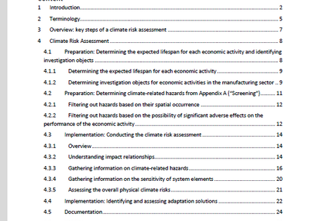 Titelseite der Publikation "How to perform a robust climate risk and vulnerability assessment for EU taxonomy reporting?" des Umweltbundesamtes mit Überschrift und Inhaltsverzeichnis