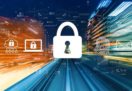 Icons zur Cybersicherheit, wie Vorhängeschloss, Virenschutzschild und Fingerabdruck