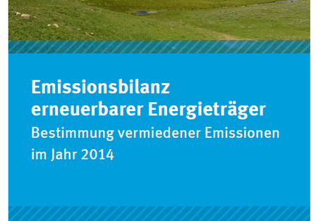 Cover des Faltblatts "Emissionsbilanz erneuerbarer Energieträger - Bestimmung vermiedener Emissionen im Jahr 2014" mit einem Foto einer hügeligen Wiesenlandschaft mit blauem Himmel und weißen Wolken. Unten das Logo des Umweltbundesamts.
