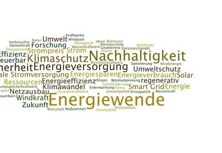 Wortwolke mit Begriffen zur Energiewende, wie Windkraft, Netzausbau oder Speicherung