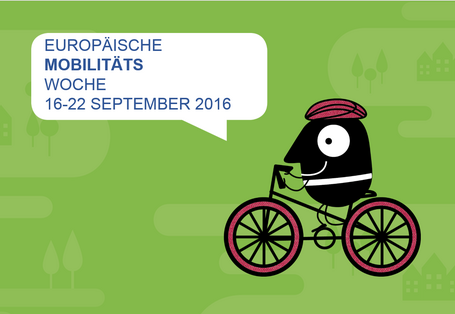 Comiczeichnung eines Männchens auf einem Fahrrad vor grünem Hintergrund, daneben eine Sprechblase: Europäische Mobilitätswoche 16. bis 22. September 2016
