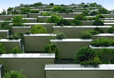 modernes Gebäude mit großen Balkonen mit Büschen und kleinen Bäumen
