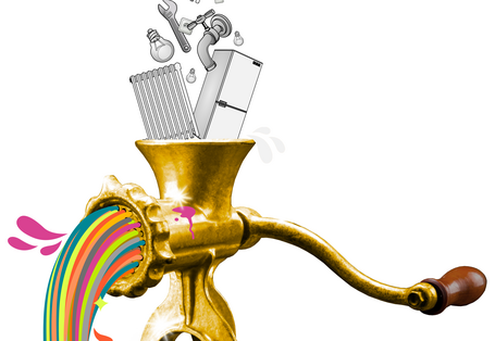 Logo des Kreativwettbewerb RE:DESIGN EFFICIENCY. Auf dem Bild sieht man eine Montage eines messingfarbenen Fleischwolfs, der mit grauen energieverbrauchenden Geräten gefüttert wird, und aus dem ein Strom bunter Farben herausquillt.