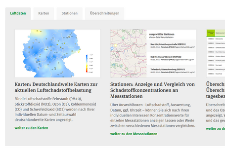 Einstiegsseite des Internetangebotes „Aktuelle Luftdaten“ mit einer Karte von Deutschland