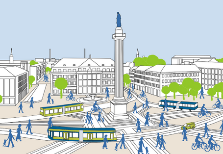 Zeichnung eines Stadtplatzes mit Straßenbahnen, Bussen, Fußgängern und Radfahrern