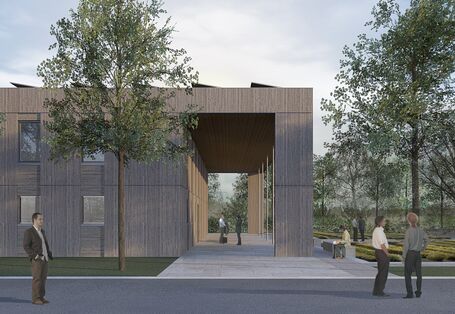 kubusförmiger Holzbau mit Arkaden und Solarzellen auf dem Dach