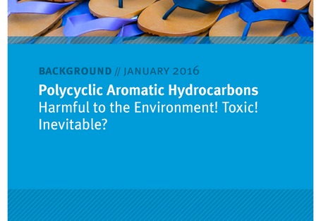 cover of the background paper "Polycyclic Aromatic Hydrocarbons - Harmful to the Environment! Toxic! Inevitable?" with a photo of plastic flip-flops