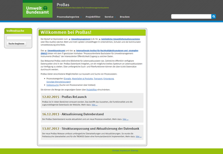 Startseite der Website für prozessoptimierte Basisdaten für Umweltmanagement-Instrumente (Probas)