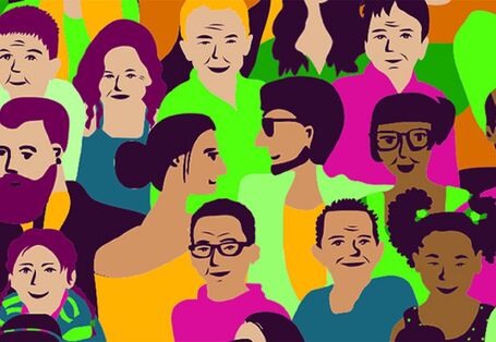 a colorful picture with many different faces