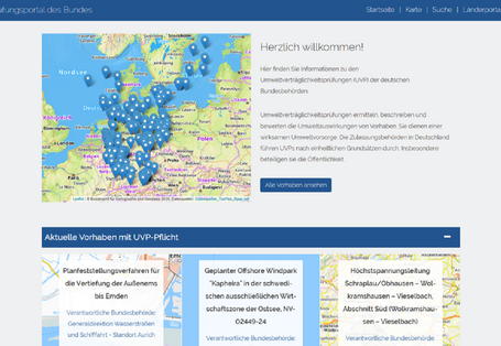 Startseite des UVP-Portals des Bundes mit einer Karte, auf der Pinnnadeln die Standorte aktueller Vorhaben anzeigen