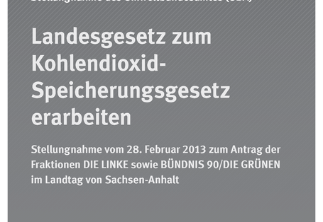 graues Cover mit grünem Logo "Umweltbundesamt" und dem Titel "Landesgesetz zum Kohlendioxid- Speicherungsgesetz erarbeiten, Stellungnahme des Umweltbundesamtes vom 28. Februar 2013zum Antrag der Fraktionen DIE LINKE sowie BÜNDNIS 90/DIE GRÜNEN im Landtag"