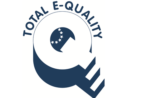 Logo: ein großes Q, bei dem der Querstrich ein Treppchen zum Podest, dem Kreis des Q, ist; darüber der Schriftzug "Total E-Quality"