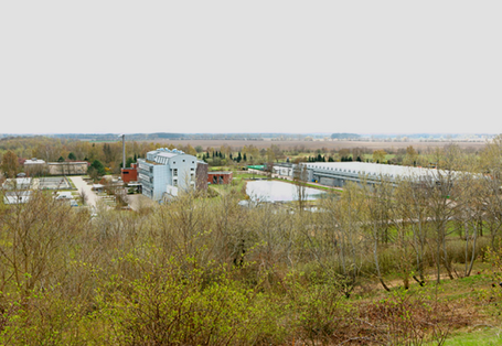 Foto: In Mitten von Bäumen und Feldern ist ein Ensemble aus Gebäuden, einer Halle und Wasserbecken zu sehen.