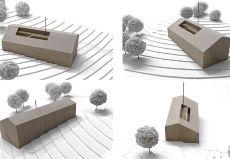 Das Modell zeigt ein asymmetrisches, zweigeschossiges, langgestrecktes Gebäude mit Satteldach an einem Hang