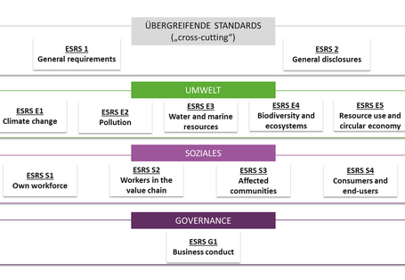 Schaubild: Die Entwürfe umfassen 4 Bereiche: Übergreifende Standards, Umwelt, Soziales und Governance.