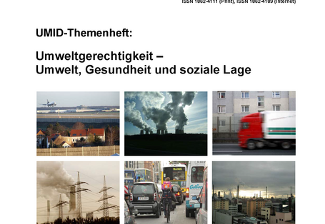 Cover der Zeitschrift UMID 02/2008 "Umweltgerechtigkeit" mit Fotos aus Städten mit viel Luftverschmutzung, Verkehr und Lärm