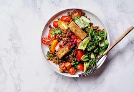 appetitlich angerichteter Teller mit Mittagessen aus Linsen, Gemüse und Salat