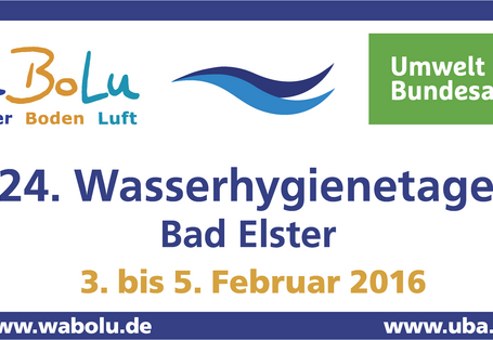Banner mit der Aufschrift "24. Wasserhygienetage finden Bad Elster 3. bis 5. Februar 2016" und den Logos "Wa Bo Lu Wasser Boden Luft" und "Umweltbundesamt