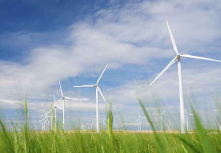 Windkraftanlagen auf einem Feld vor blauem Himmel mit Schönwetterwolken