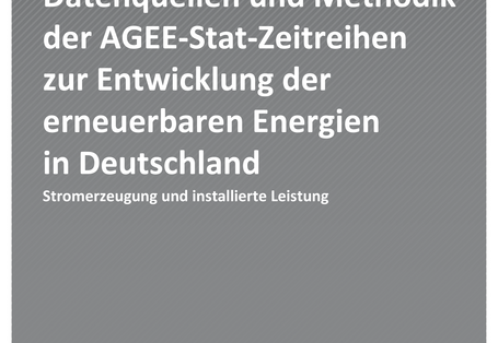 Cover der Publikation: Datenquellen und Methodik der AGEE-Stat-Zeitreihen zur Entwicklung der erneuerbaren Energien in Deutschland (weißer Text auf grauem Grund)