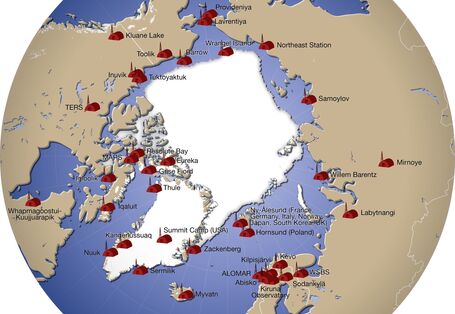 Kreisrunde Übersichtsgrafik über die Forschungsstationen in der Arktis