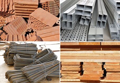 Vier verschiede Bauprodukte in einer Collage: Ziegel, Holzlatten, Stahlträger