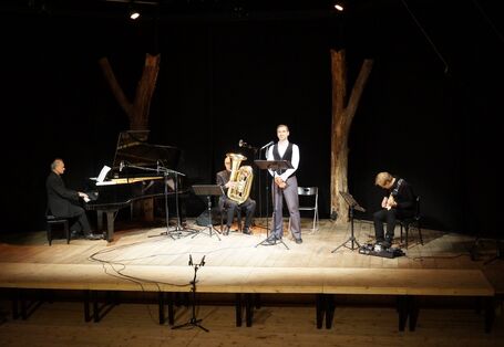 Musiker auf einer Bühne, links ein Flügel, daneben eine Tuba, ein Sänger, rechts ein Gitarrist-