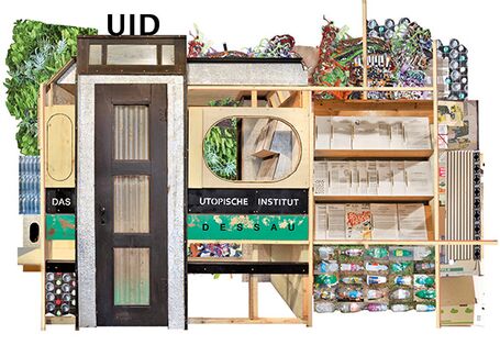 Collage aus alten Möbeln und Zeitungen als "logo" für das Utopische Institut
