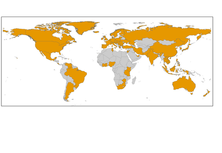 Weltkarte mit den 71 gelb gekennzeichneten Ländern